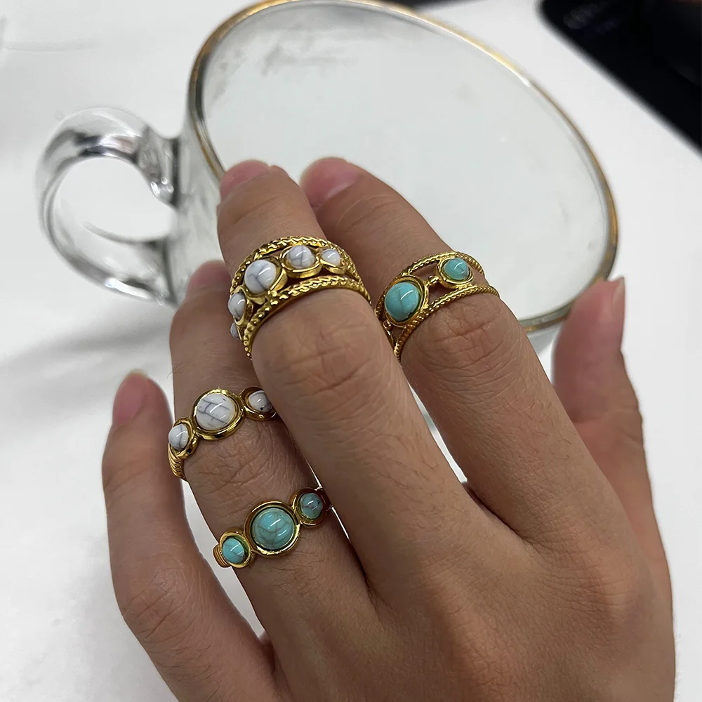 Boho Blue Natural Stone Ring For Women Men Gold Color Stainless Steel Ring Hollow Adjustable Opening Rings Jewelry Gift