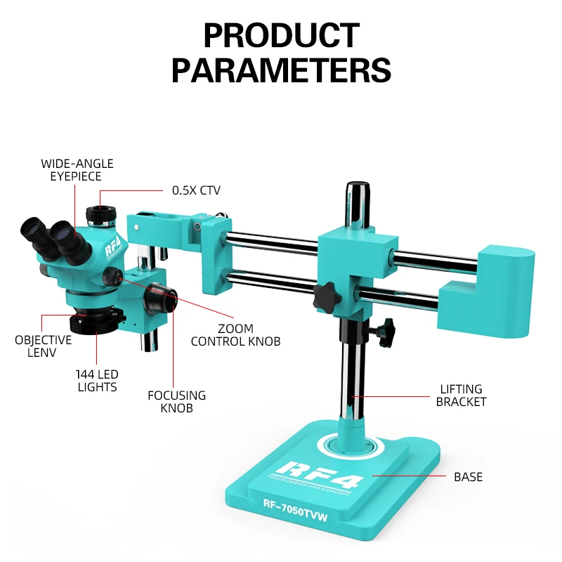 RF4 7X-50X 360° Rotation Dual Arm Bracket Boom Lndustrial Laboratory Maintenance Observation Triocular Stereo Zoom Microscope