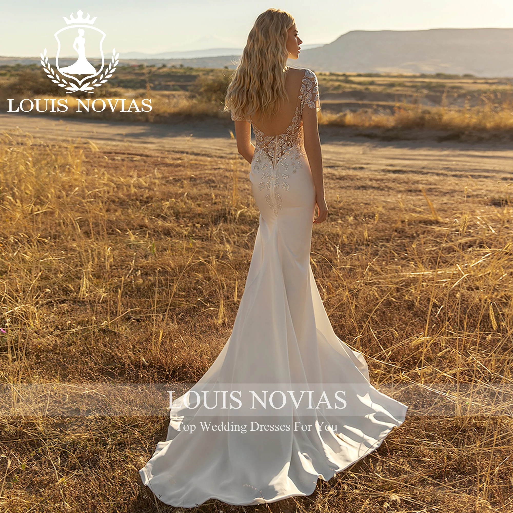 LOUIS NOVIAS Vestido De novia De sirena De manga corta De alta calidad SCOOP sin espalda apliques vestido De novia Vestidos Novias De Saten