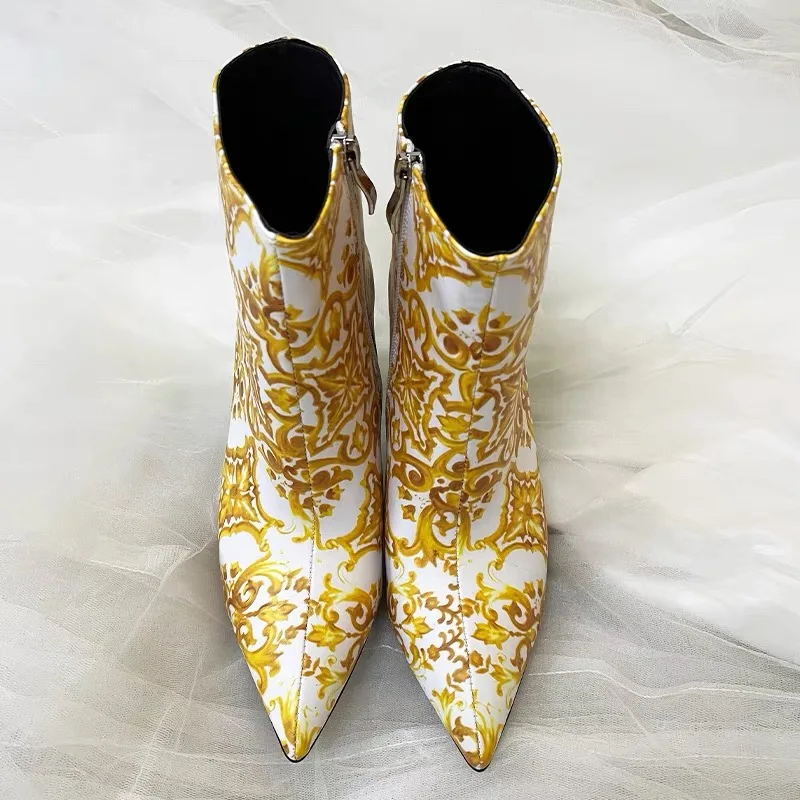 Autumn/Winter Women Elegant Blue and White Porcelain Print Gemstone Heels Pointed Toe Ankle Boots Rhinestone Decor Short Boots