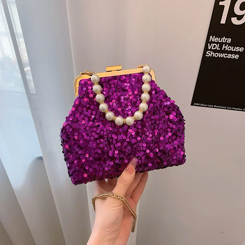 

Vintage Rose red Silver Purple Sequin Evening Bags Pearl Chain Handbag For Women Wedding Party Chain Shoulder Bags Small Clutch