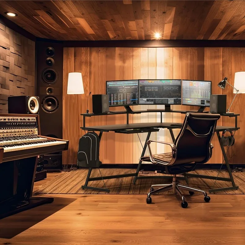 L-Shape Computer Desk com Monitor Stand para Home Office, Preto