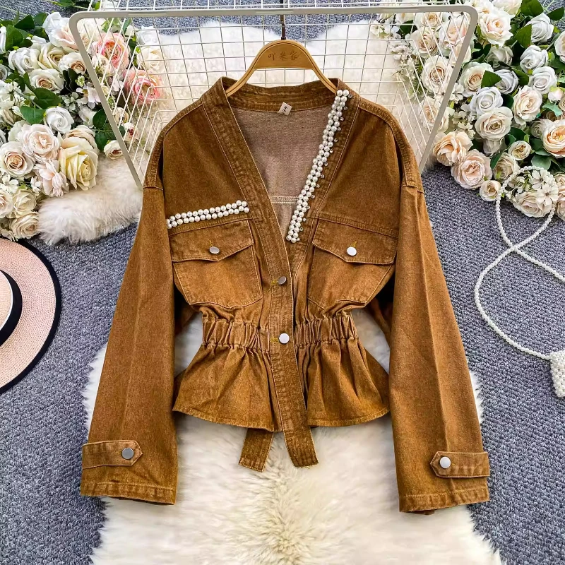 

Spring Fall Women V Neck Pearls High Waisted Sash Coat Jacket , Woman Clothing Designer Denim Coats Jackets