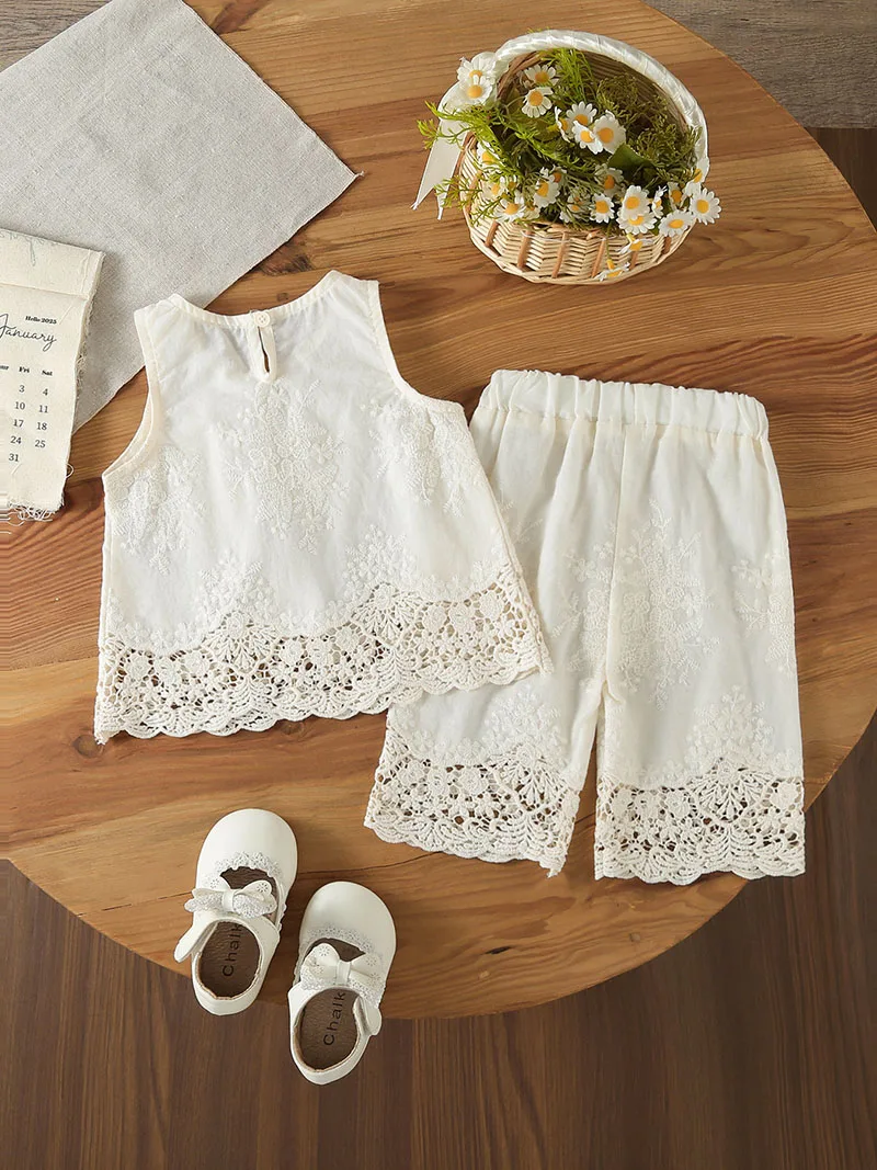 LILIGIRL Summer Baby Clothes Set 3-18M Sweet Lace Infant Girls Vest +Casual Pants Embroidered Flower Thin Toddler Outfit 2PCS