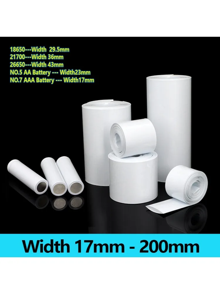 Tube thermorétractable en PVC blanc, largeur 17 mm ~ 200 mm, étanche, isolé, pour batterie 18650, protection de câble, film de protection, étui