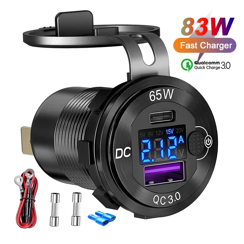 12V/24V USB Car Charge 83W PD Type-C Fast Charging Outlet Laptop Socket with Voltmeter Motorcycle Power Outlet Charge Adapter