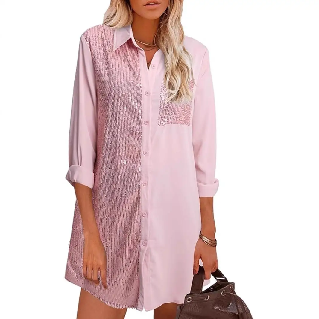 

Свободный женский топ Long Sve irt Sparkling ket с яркими блестками, повседневный модный полиэфирное волокно, не растящий