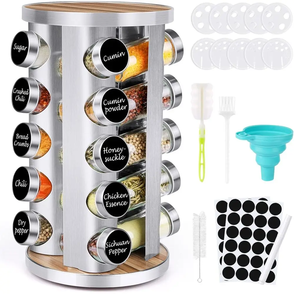 

Revolving/Rotating Seasoning Organizer, Stainless Steel/Wooden Countertop Rack Tower Organizer, 20Pcs with Reusable Labels/Funne