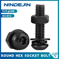 Tornillo y tuerca de cabeza de botón con casquillo hexagonal con arandelas M2 M2.5 M3 M4 M5 M6 M8 M12 Kit de tuercas de perno de cabeza redonda Allen negra de grado 10,9/12,9