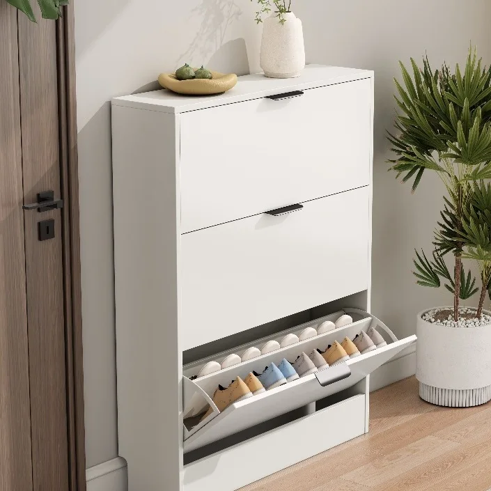 Tipping bucket shoe cabinet at the door of the home, white large-capacity storage in narrow foyer cabinet