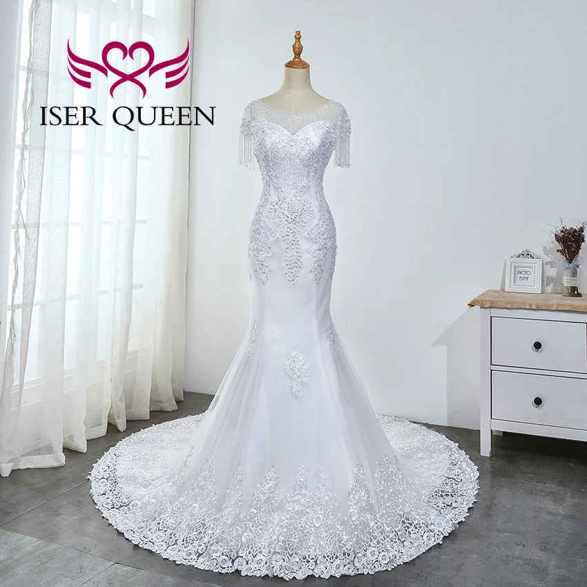 تخصيص قصيرة الديكور شرابة الأكمام أوروبا حورية البحر فساتين الزفاف قارب الرقبة الدانتيل يزين جودة فستان الزفاف WX0035