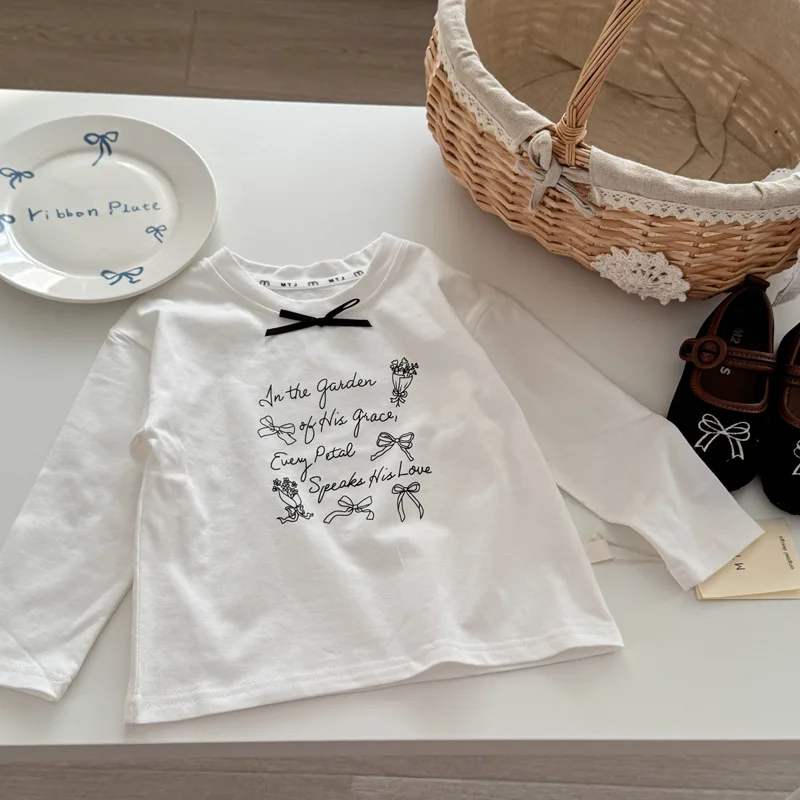 

Printed Buttful Knot Long Sleeved T-shirt 2025 Spring and Autumn Korean New Fashionable Cute Casual Letter Printed T-shirt