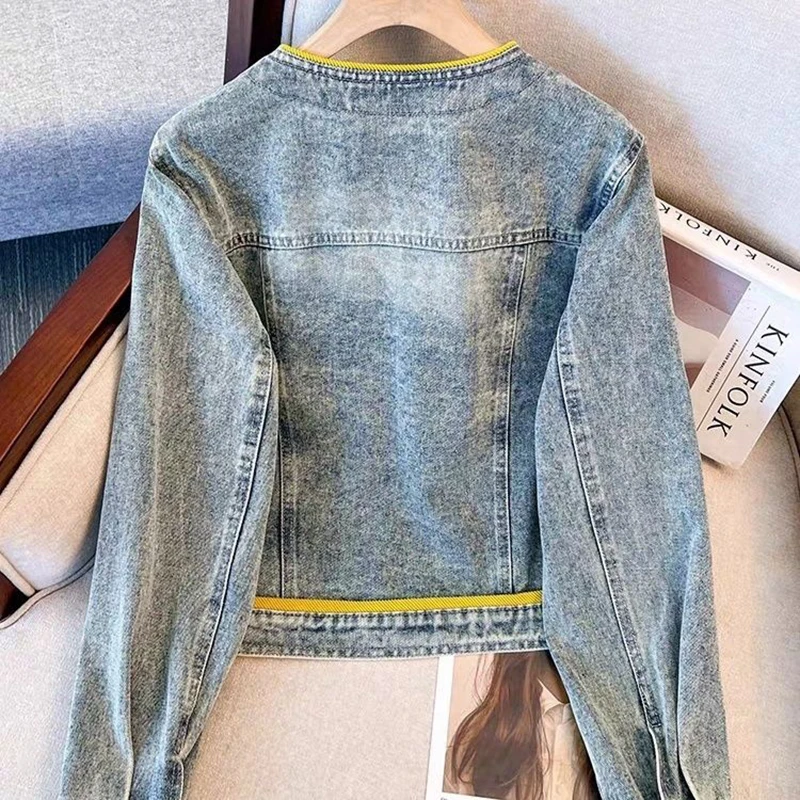 Women New Color Blocked Denim Jacket New Spring Autumn Blue Short Shoulder Round Neck Single Breasted Short Style Lady Coat