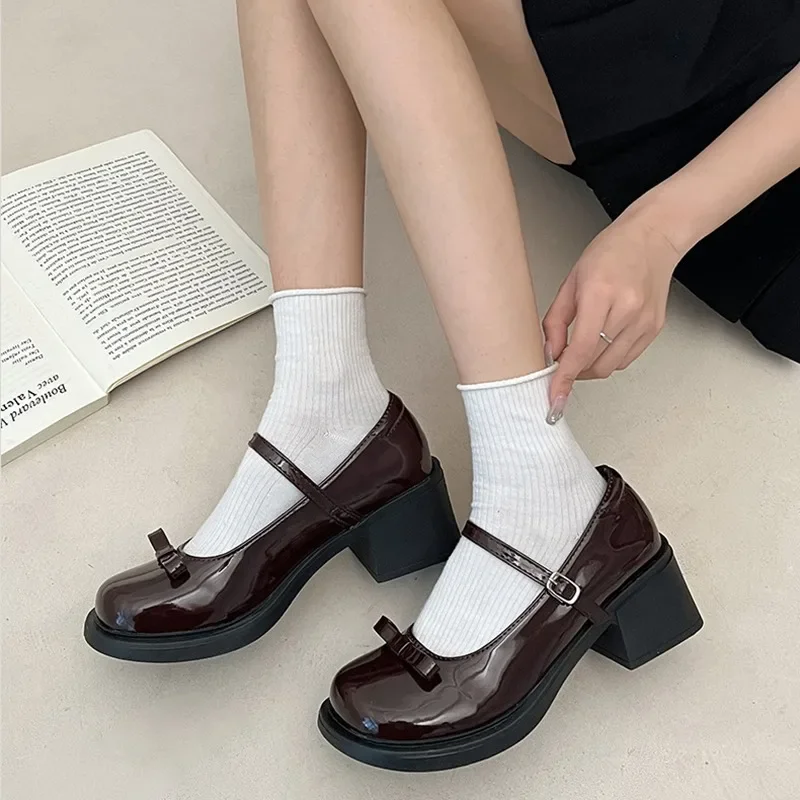 Brown Jk Uniform Shoes British Style Retro Japanese Mary Jane Shoes women's Lolita Bow Sweet Girls Kawaii Mid Heel Cute Laofers