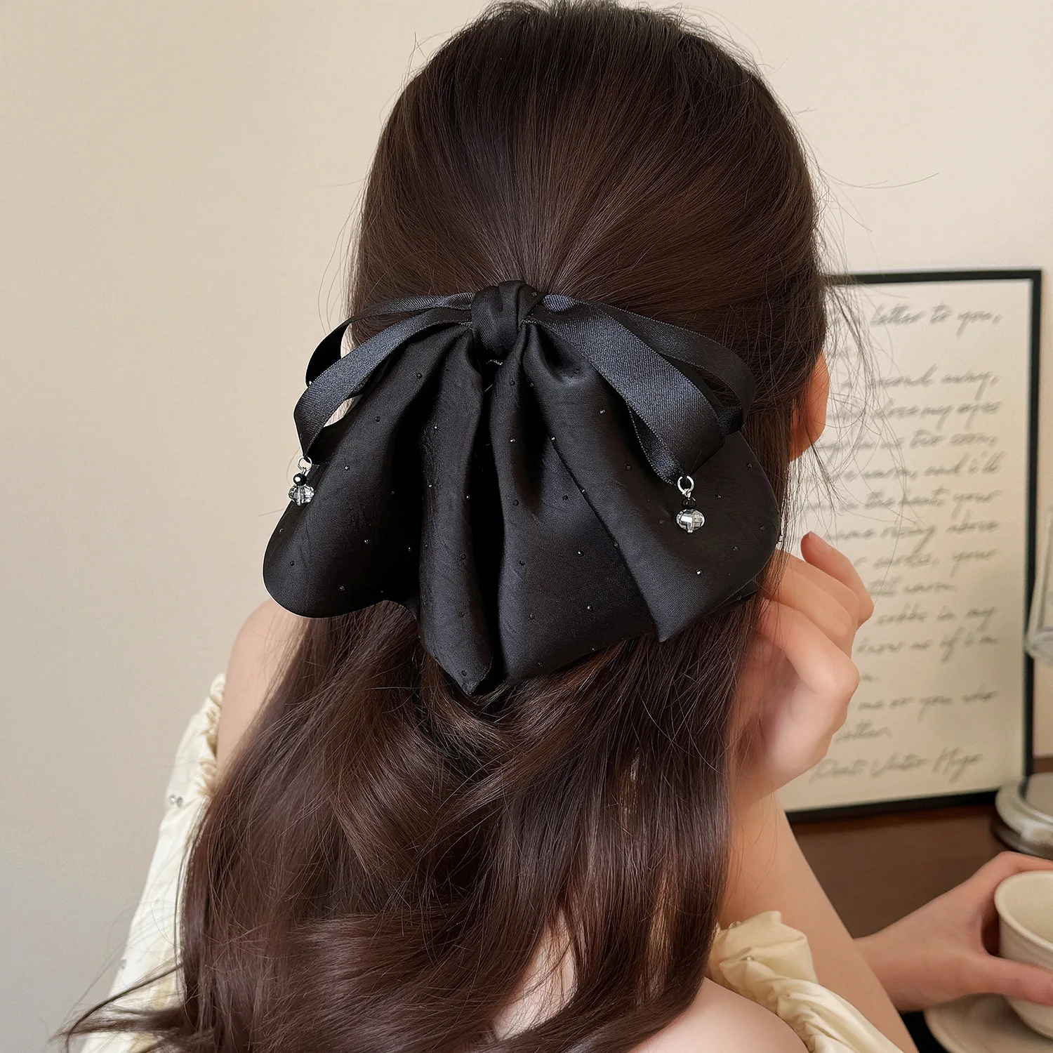 1pc Rhinestone Bow Shark Clip French Light Luxury Black Hair Claw for Women High Ponytail Volumizing Summer Chic
