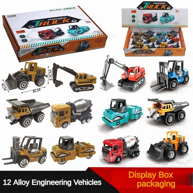 1:64 alloy construction vehicle model display box set of 12 models, model toys, excavator gifts