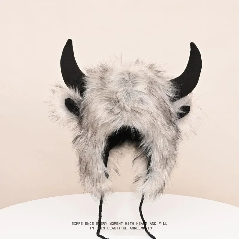 Unisex Animal Hat with Horns, Plush Bison Horn EarflapHat for Men Women, Warm Windproof Winter Ski Maskfor Costume Party