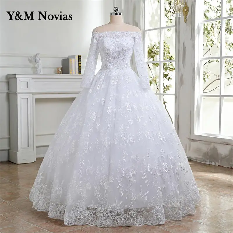 

Y&m Novias Elegant Lace Applique Off Shoulder Ivory Wedding Dress Plus Size long Sleeve Bridal Wedding Gown Princess Real Photo