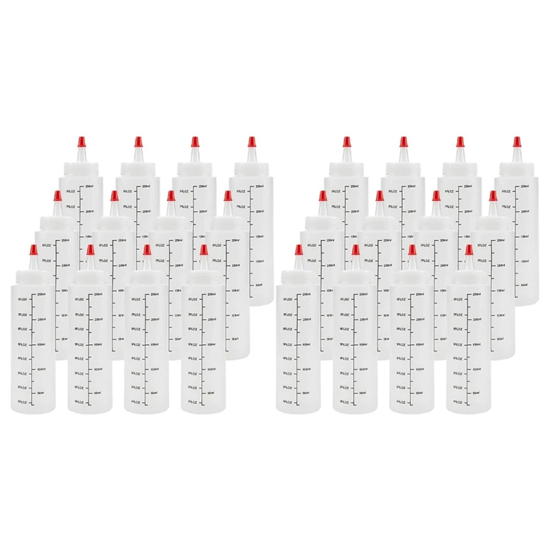 24-Pack 8 Oz Condiment Squeeze Bottles With Red Tip Cap - Durable Plastic Squirt Bottle For Ketchup, Sauces, Syrup