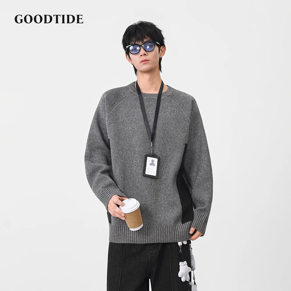 2025 Winter Fashion Men's Casual Crew Neck Sweater Contrast Panel Raglan Sleeve Knitted Pullover Soft Long Sleeve Jumper Top