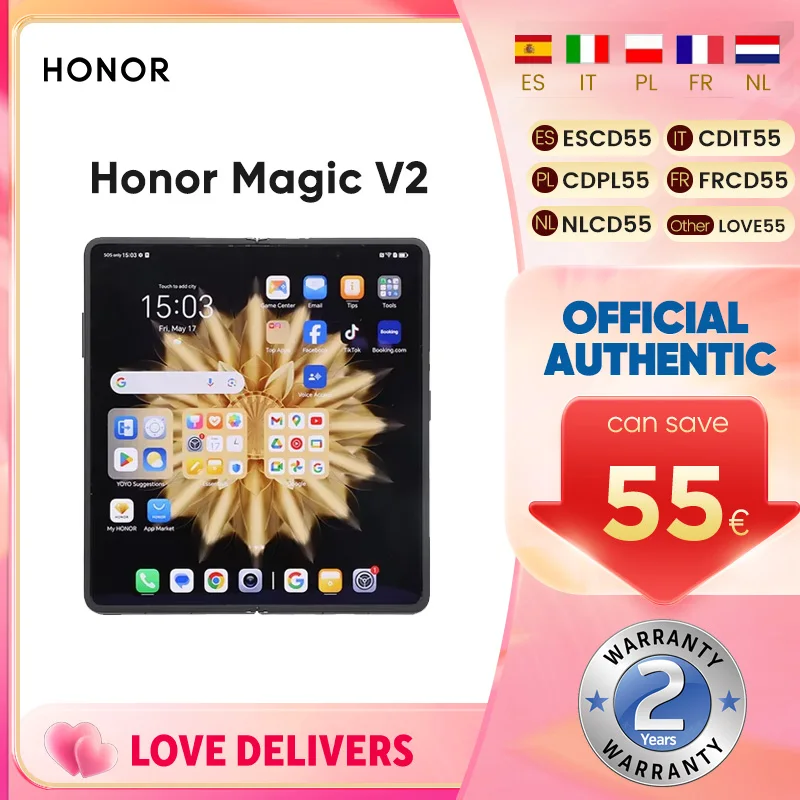 Honor Magic-Smartphone Android Dobrável, Versão Global, V2, 5G, Display OLED LTPO, 120Hz, Snapdragon 8 Gen2, Câmera Tripla de 50MP