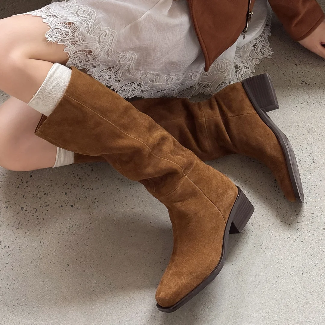 danxuefei women's natural suede leather square toe slip-on autumn knee high boots 5cm thick med heel high quality long boots 40