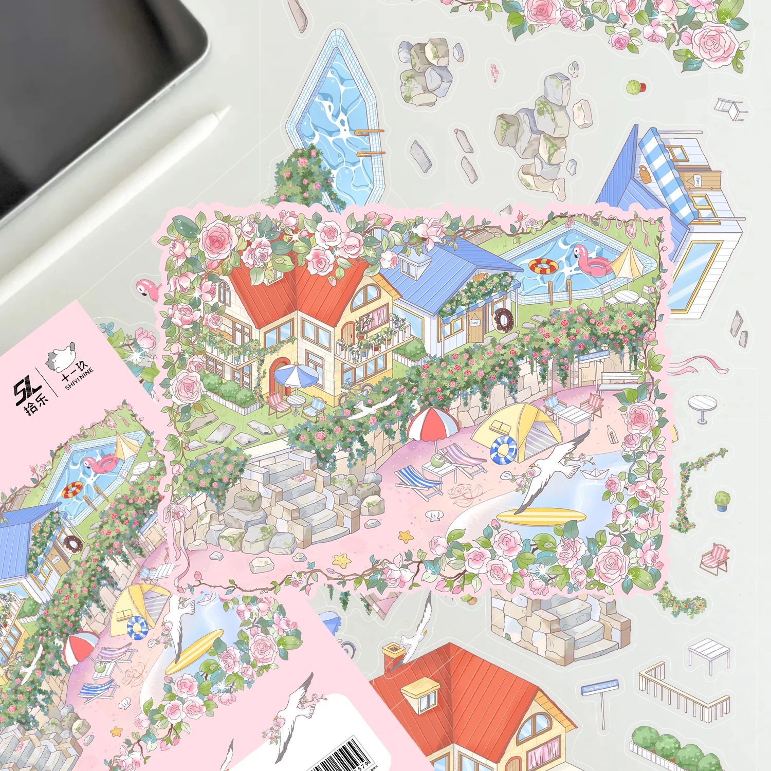 2/3 قطعة ساحل الورد ، ملاحظات حساء السلحفاة ثلاثية الأبعاد ملصقات المناظر الطبيعية المشهد التراص البصرية ملصقات ثلاثية الأبعاد هدية للأطفال