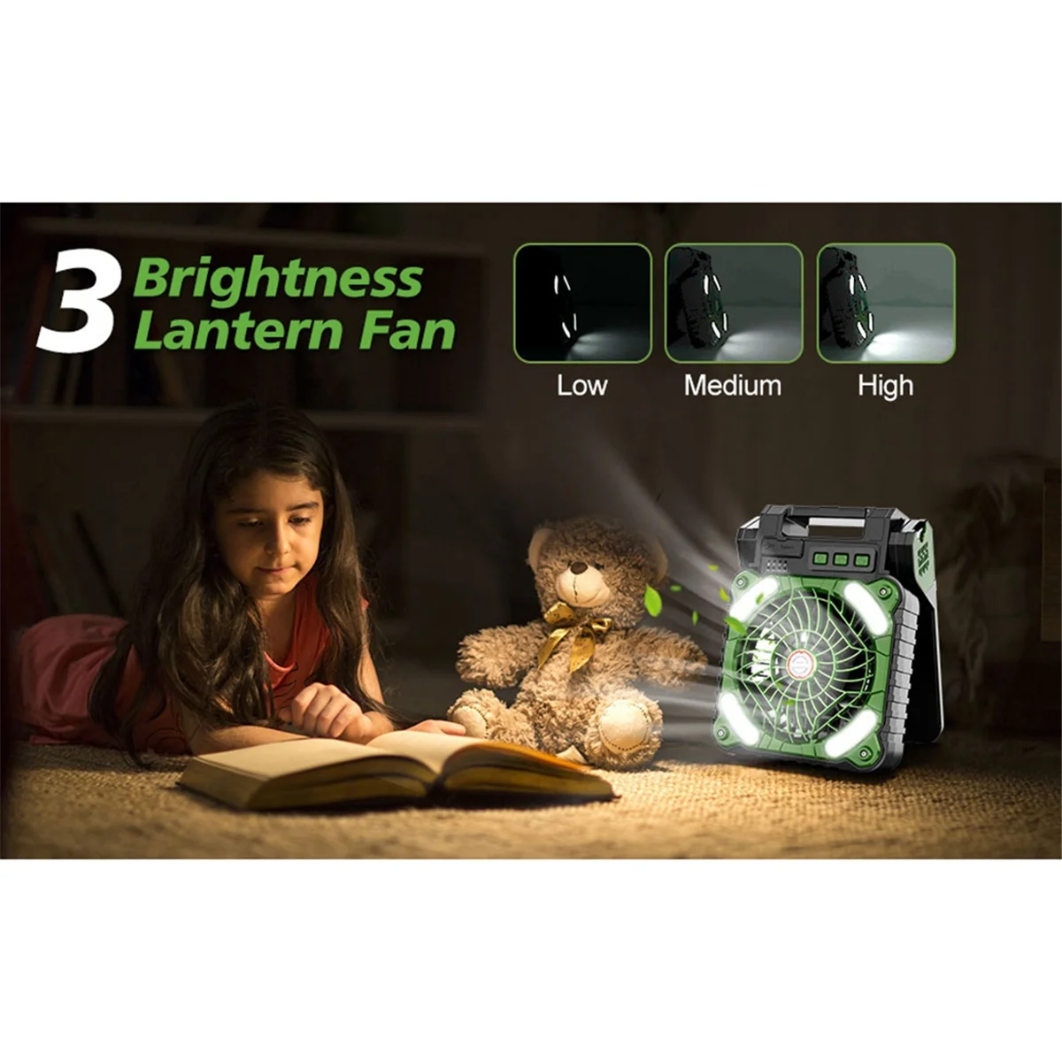 Solar Powered Camping Fan with LED Lantern 4 Speeds 90° Folding Portable Desk Fan for Outdoor Travel Tent Personal Fan-A