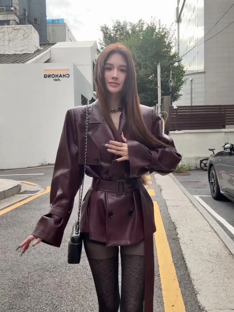 Syxatn N13 Hong Kong Style Retro Double Buttoned Waist Cinched Leather Jacket Loose Outerwear Coat for Women Autumn Season