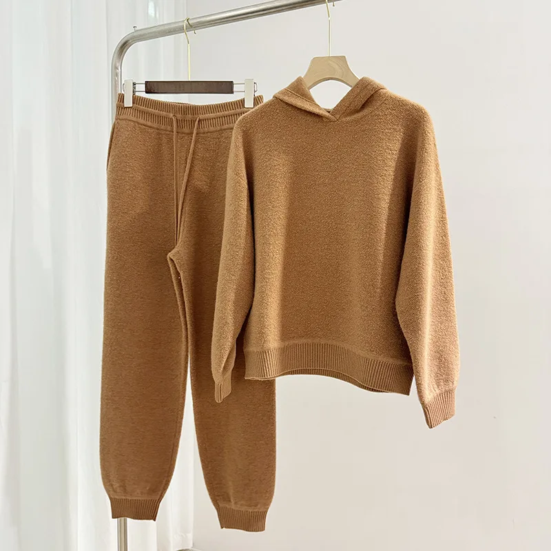 Autumn 2024 Women Solid Color Set Elastic Waist Long Pants and Long Sleeve Hooded Sweater Female Cashmere Wool Suit