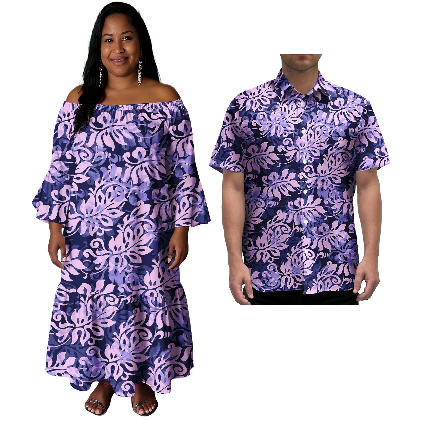 ล่าสุดซามัวคู่เสื้อผ้า Polynesian Tropical พิมพ์ชุดลําลองสตรีสไตล์เกาะพร้อมเสื้อฮาวายผู้ชายที่ตรงกัน