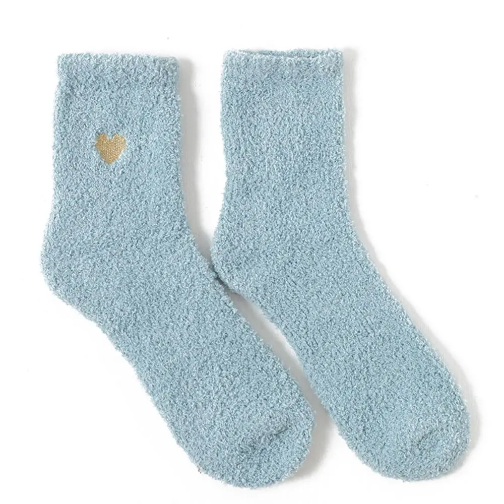 

Warm Soft Girls Sweet Love Embroidery Solid Color Cute Floor Socks Female Hosiery Mid-tube Socks Coral Fleece Socks
