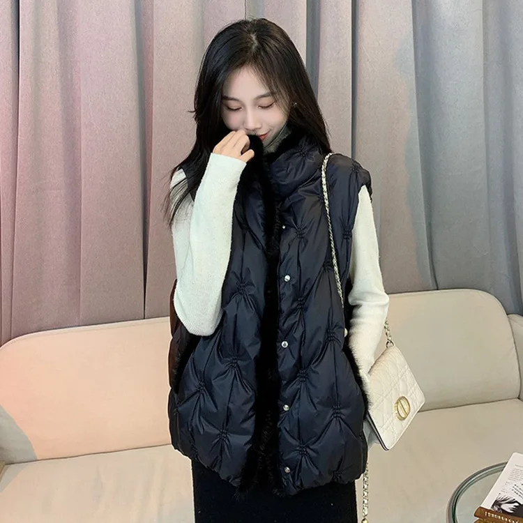 Autumn Winter Women Mink Hair Short Cotton Vest Female Embroidery Sleeveless Jacket Coat Stand Collar Button Korean Puffer Coat