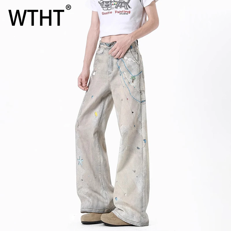 

WTHT Fashion Men's Striped Diamond Do Old Design Denim Pants Vintage 2025 Summer Loose High Street Straight Jeans Male 2A1191