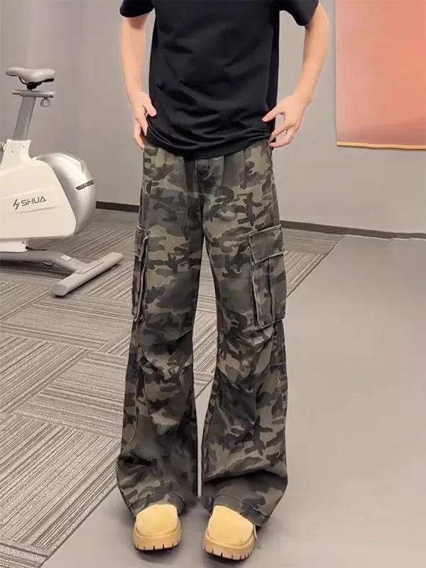 

American Retro Folded Camouflage Work Pants Men's Straight High Street Vibe Flared Wide Leg Knife Jeans Casual Loose Fit