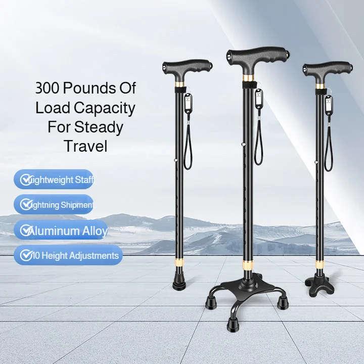 Non-slip Walking Sticks for The Elderly Multifunctional Large Four-legged Crutch Retractable Aluminum Alloy Cane with Led Light