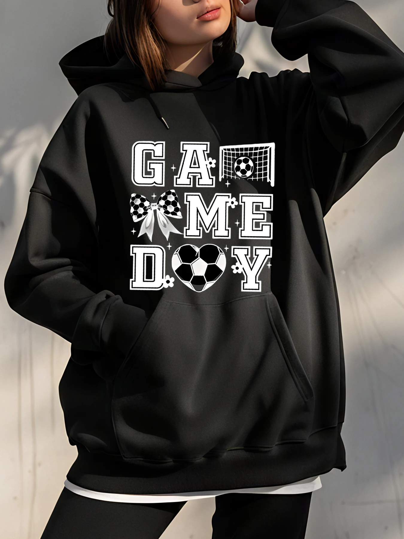 

Толстовка с капюшоном для дня игры в футбол, черно-белый принт, спортивная повседневная одежда для женщин и девочек, одежда для фанатов