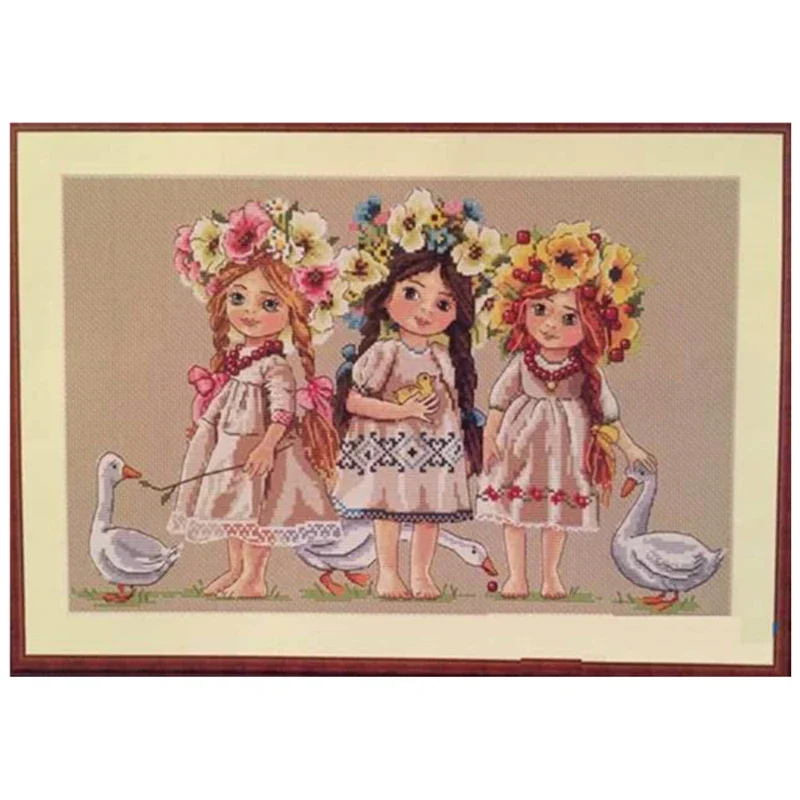 Young girls cross stitch kit flower goose 14ct cloth light blue flaxen fabric canvas embroidery DIY handmade needlework