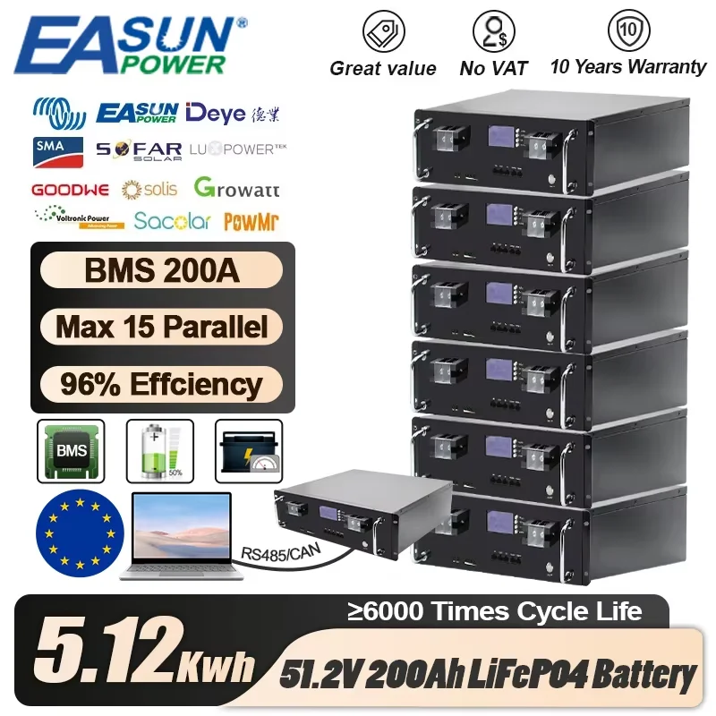 EASUN POWER 300AH 100AH LiFePO4 Batterij 48V Batterij Powerwall 5KWH 15KWH Lithium IJzer Batterij 6500+ Cycli CAN RS485 BMS EU Voorraad