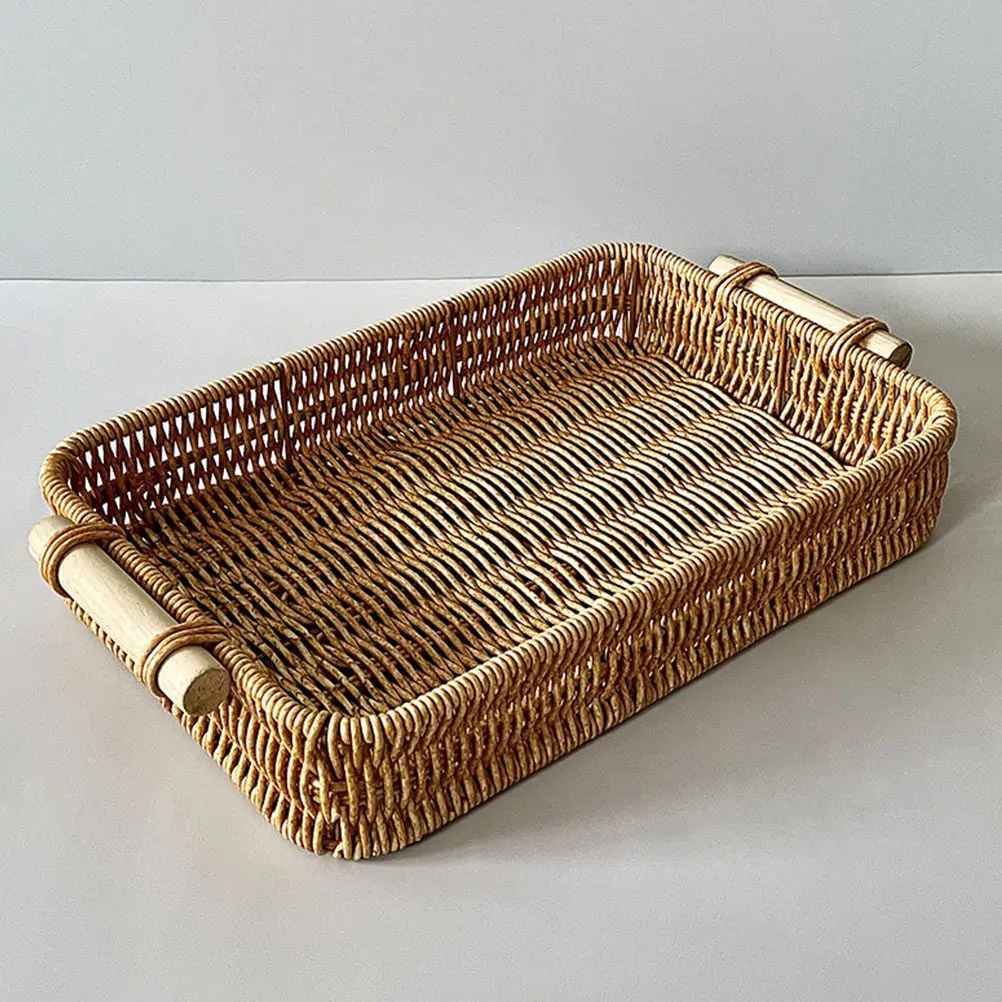 Sturdy Non Slip Desktop Storage Basket Wicker Style Plastic Utensil Organizer for Kitchen Dining Room Balcony Windowsill Bread