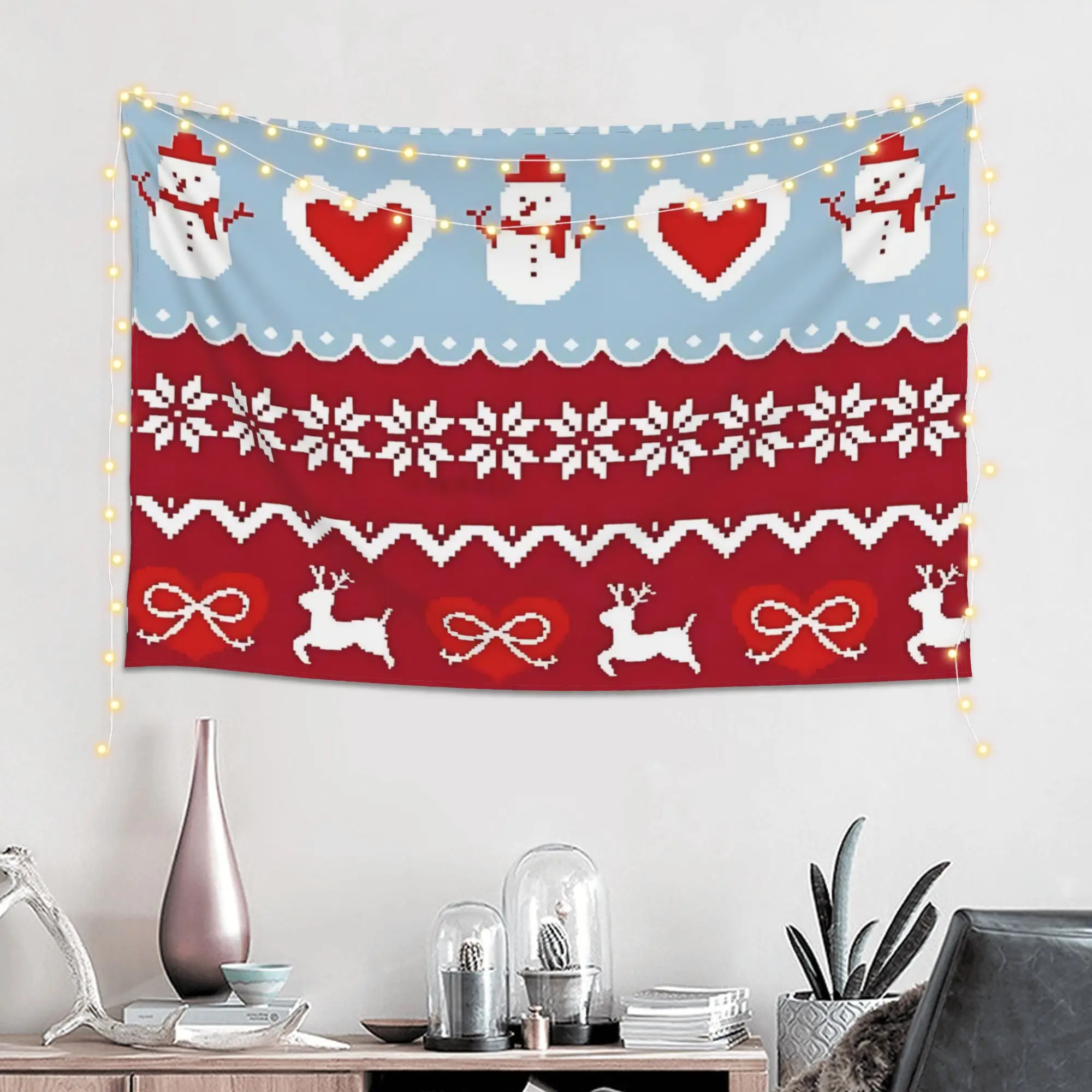 Christmas Knit Heart Pattern Customized Tapestry Bedroom Decoration  Wall Hanging Blanket Tapestry Cool Stuff For Room