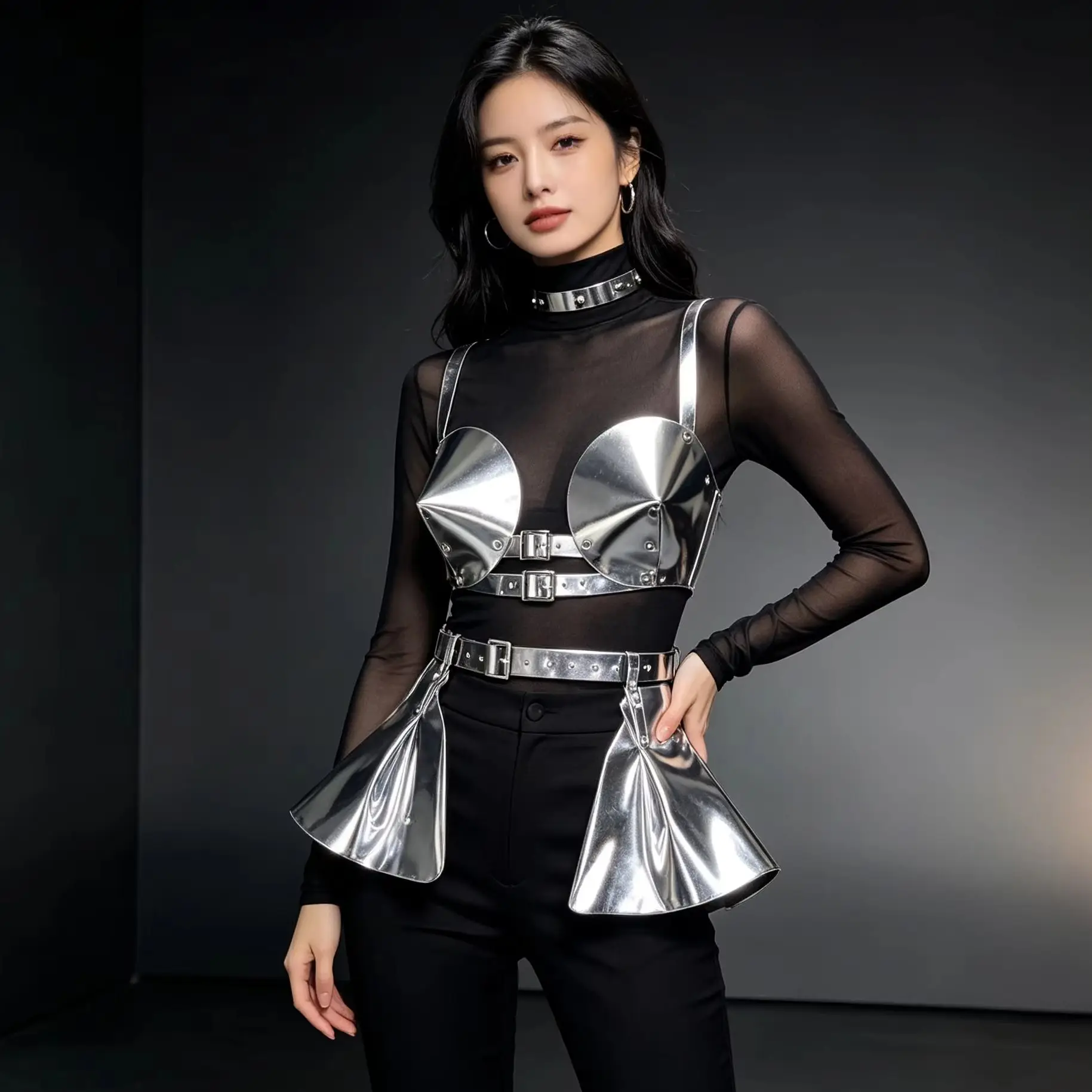 Silver Red Metallic Body Harness Ensemble Choker Collar Shoulder Bra Harness Flounce Skirt Waist Belt Adult Cosplay Accessory