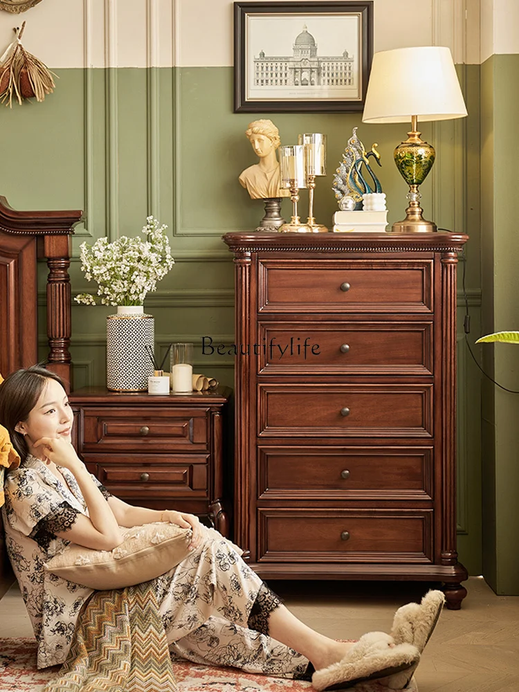 

American neoclassical gold silk teak all solid wood six chest bedroom furniture