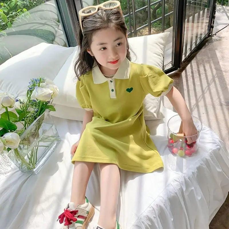 2024 New Children\'s Dress Korean Edition Girls\' Summer Bubble Sleeves Flip Collar Love Dress 1-10 Year Old Casual Princess Dress