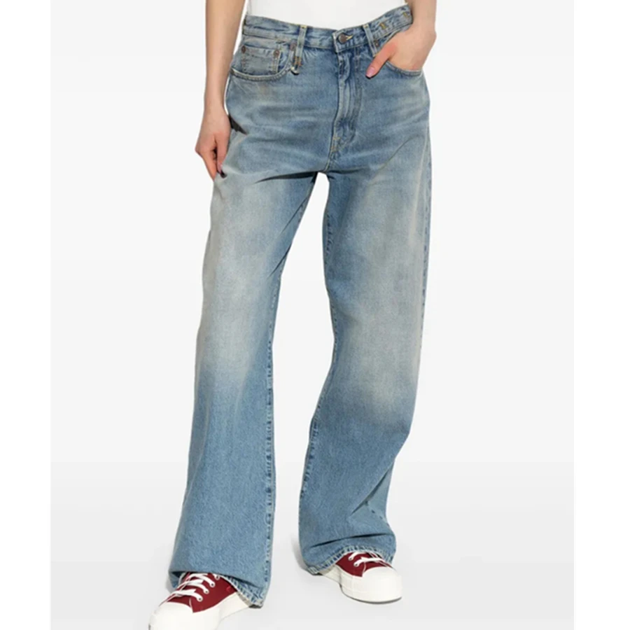 Maxdutti American Retro Boyfriend Jeans High Waisted Deep Blue Light Blue Nostalgic Wide Leg Jeans Loose Denim Pants For Women