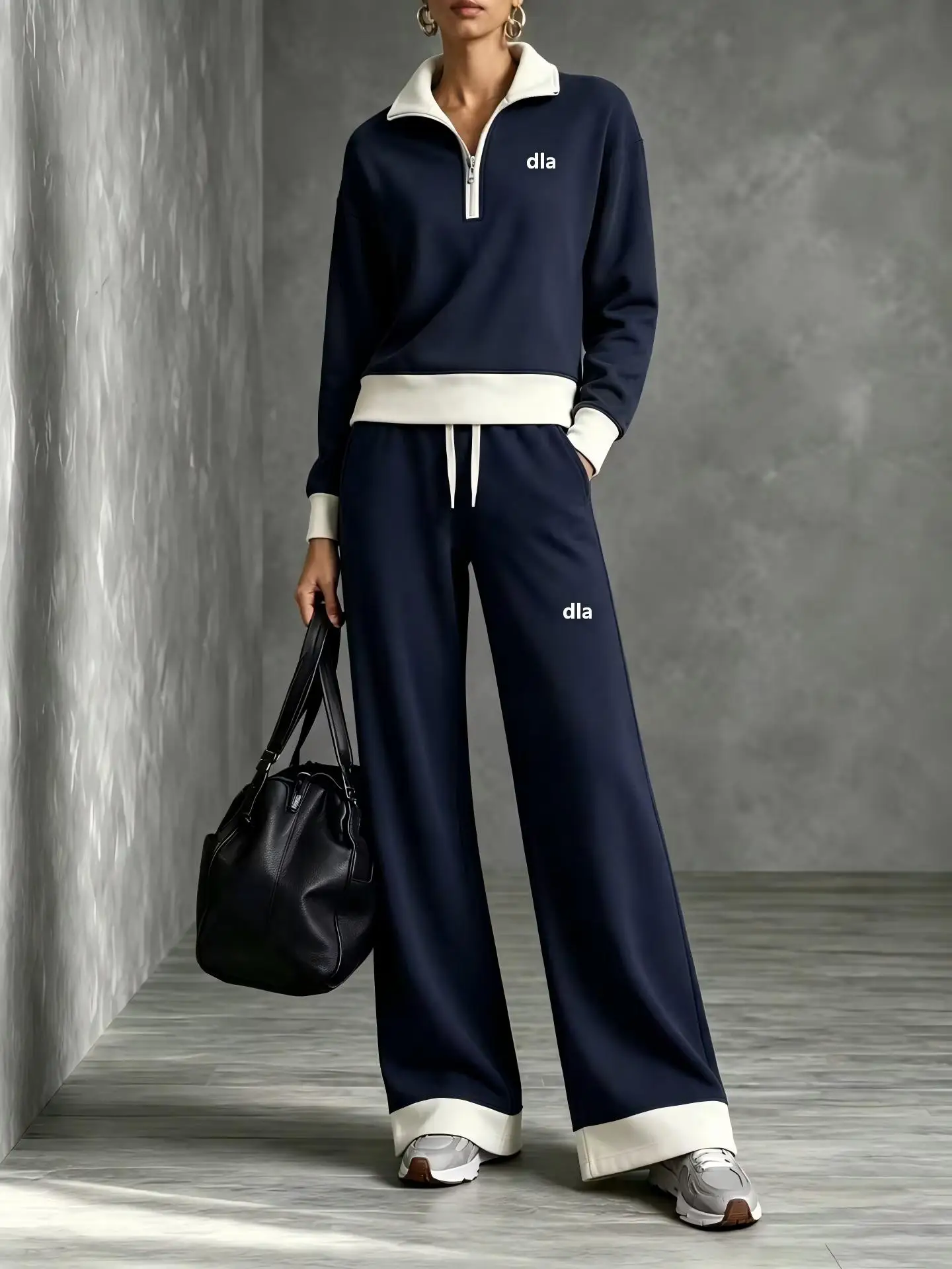 2026 Autumn New Women's Blazer-style Half-Zip Color-Contrasting Sweater, Wide Leg Pants and Casual Two-Piece Set for Women