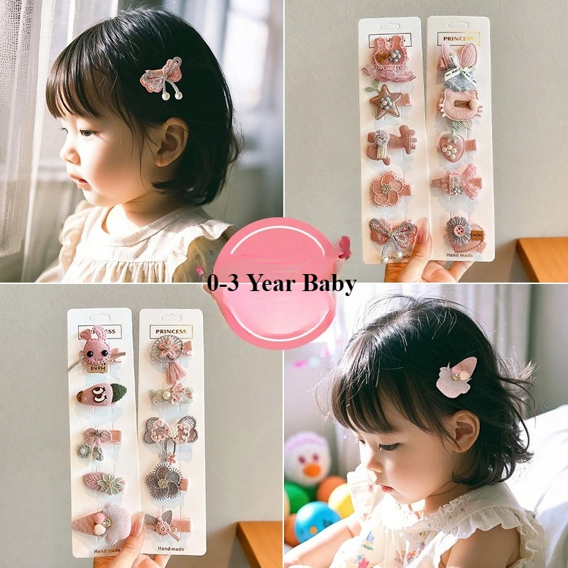 

5pcs/set Soft Cloth Covered Baby Hair Clips Cute Pink Gentle Cartoon Snap Clips Non-Slip Front Side Barrettes for Toddler Kids