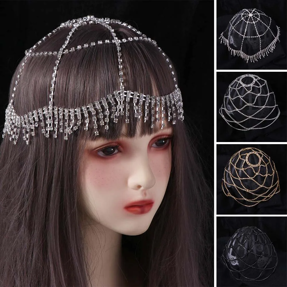 

Performance Show Crystal Rhinestone Hairband Bride Wedding Tassel Starry Shiny Head Chain Luxury Mesh Boho Headband