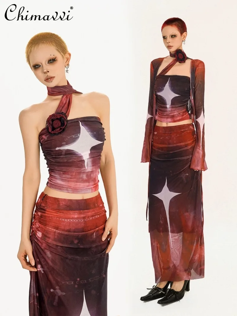 American Retro Solid Color Pattern Printing Summer Mesh Tube Top with Coat Skirt Suit For Women