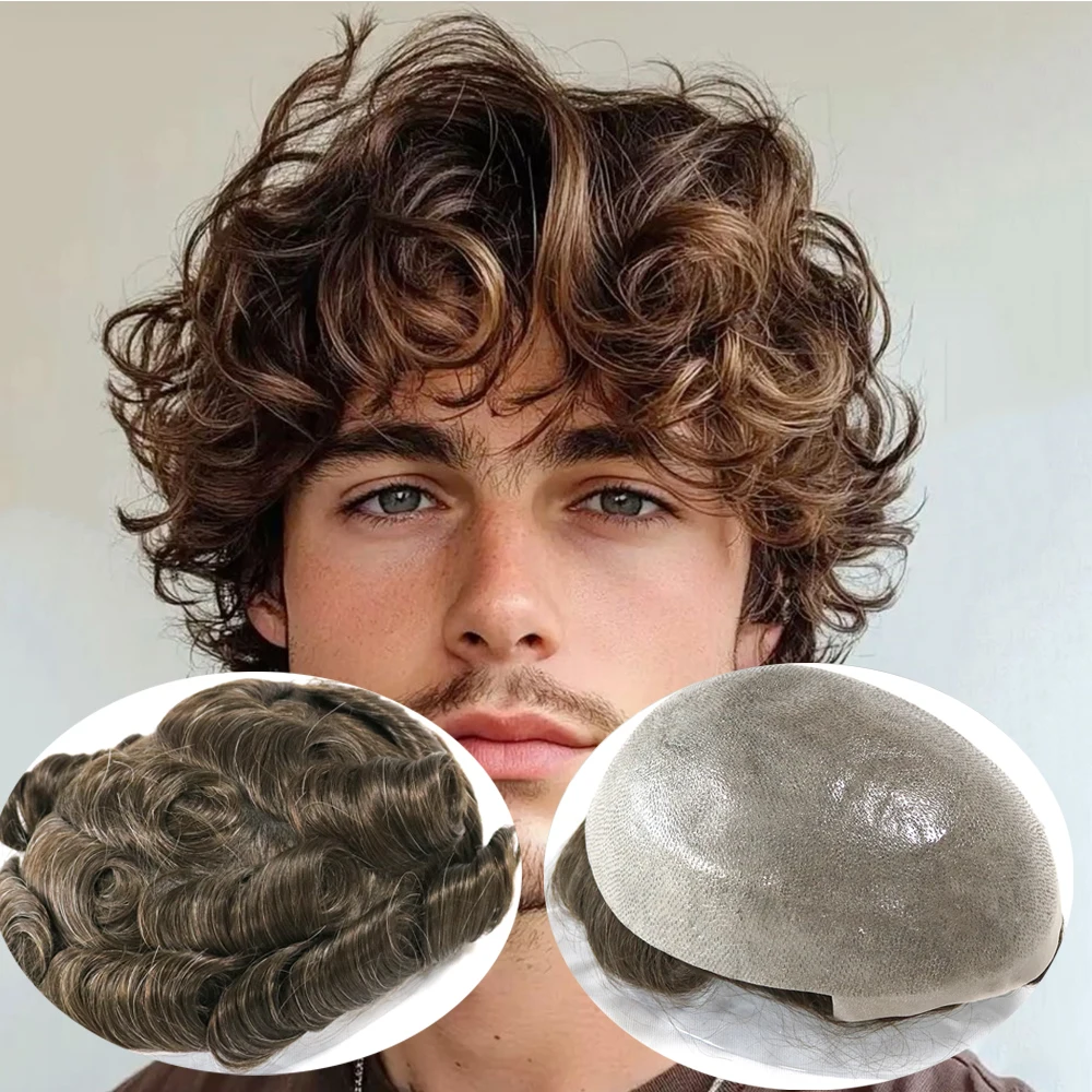 28MM Curly Hair Men's V Loop Skin Natural Brown #410 Men Toupee Super Natural Hairline Human Hair Replacement System Prosthesis